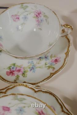 Haviland Limoges 7 Bouillon Cups w Saucers Pink Blue Double Gold Schleiger 224