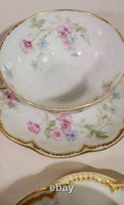 Haviland Limoges 7 Bouillon Cups w Saucers Pink Blue Double Gold Schleiger 224