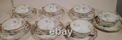 Haviland Limoges 7 Bouillon Cups w Saucers Pink Blue Double Gold Schleiger 224