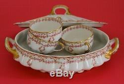 Haviland Limoges Covered Vegetable Cups Saucers Pink Roses Wreaths Double Gold