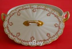 Haviland Limoges Covered Vegetable Cups Saucers Pink Roses Wreaths Double Gold