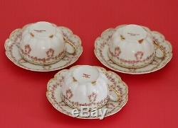 Haviland Limoges Covered Vegetable Cups Saucers Pink Roses Wreaths Double Gold