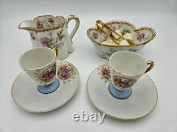 Haviland Limoges Creamer/Sugar Bowl, Gold Pink Roses Demitasse Cups/Saucers