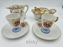 Haviland Limoges Creamer/Sugar Bowl, Gold Pink Roses Demitasse Cups/Saucers