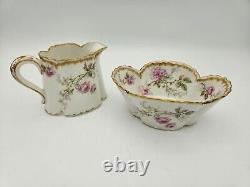 Haviland Limoges Creamer/Sugar Bowl, Gold Pink Roses Demitasse Cups/Saucers