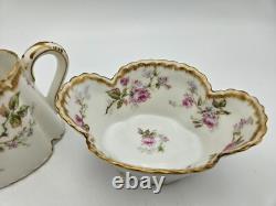 Haviland Limoges Creamer/Sugar Bowl, Gold Pink Roses Demitasse Cups/Saucers
