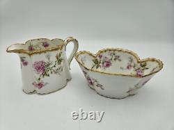 Haviland Limoges Creamer/Sugar Bowl, Gold Pink Roses Demitasse Cups/Saucers