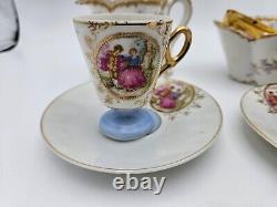 Haviland Limoges Creamer/Sugar Bowl, Gold Pink Roses Demitasse Cups/Saucers
