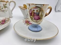 Haviland Limoges Creamer/Sugar Bowl, Gold Pink Roses Demitasse Cups/Saucers