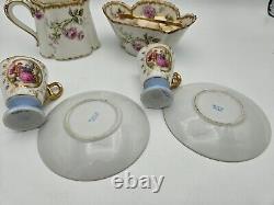 Haviland Limoges Creamer/Sugar Bowl, Gold Pink Roses Demitasse Cups/Saucers
