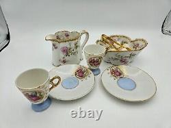 Haviland Limoges Creamer/Sugar Bowl, Gold Pink Roses Demitasse Cups/Saucers
