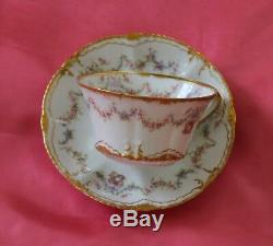 Haviland Limoges France Cup Saucer Set Pink Rose Swags Wreaths Double Gold