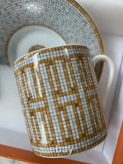 Hermes Mosaique au 24 Coffee Cup & Saucer Set of 2 Gold Porcelain