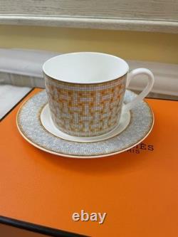 Hermes Mosaique au 24 Platinum Gold Coffee Tea Cup Saucer Porcelain Set for Two