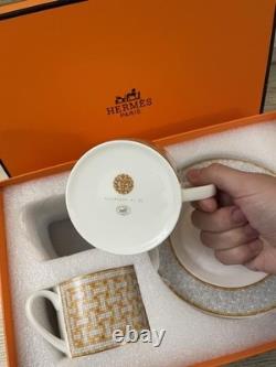 Hermes Mosaique au 24 Platinum Gold Coffee Tea Cup Saucer Porcelain Set for Two