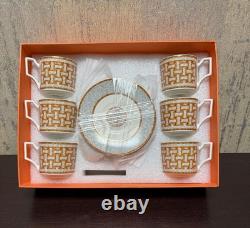 Hermès Paris Mosaique au 24 Gold Porcelain Cups & Saucers in Original Box