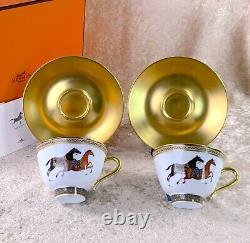 Hermes Paris Tea Cup & Saucer Cheval d'Orient Gold Paint 2 Sets Tableware withCase