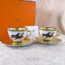 Hermes Paris Tea Cup & Saucer Cheval d'Orient Gold Paint 2 Sets Tableware withCase