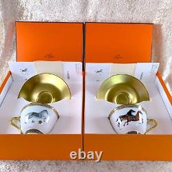 Hermes Paris Tea Cup & Saucer Cheval d'Orient Gold Paint 2 Sets Tableware withCase