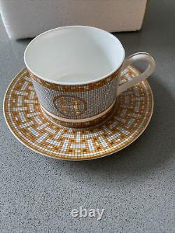 Hermes Tea Cup and Saucer Set- Gold/Orange H Logo-New
