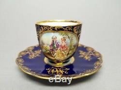 Heufel Dresden Hand Painted Courting Scene Cobalt Gold Demitasse Cup & Saucer #4