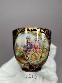 Heufel Dresden Hand Painted Courting Scene Cobalt Gold Demitasse Cup & Saucer #4