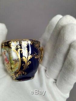 Heufel Dresden Hand Painted Courting Scene Cobalt Gold Demitasse Cup & Saucer #4