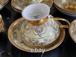 Hutschenreuther Selb Bavaria Porcelain Gold Encrusted Tea Cups and Saucers