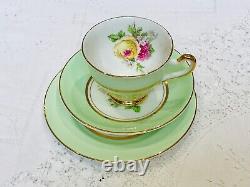 Imperial China Green Tea Set 22 kt gold pink roses teacups and saucers