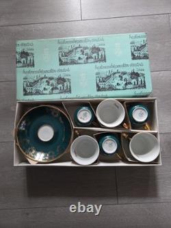 JSK Vintage Emerald Green With Gold Patterns 6 Saucers And Cups Made In Czech