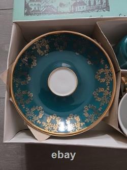 JSK Vintage Emerald Green With Gold Patterns 6 Saucers And Cups Made In Czech