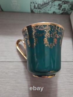 JSK Vintage Emerald Green With Gold Patterns 6 Saucers And Cups Made In Czech