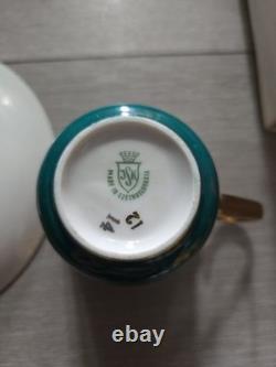 JSK Vintage Emerald Green With Gold Patterns 6 Saucers And Cups Made In Czech