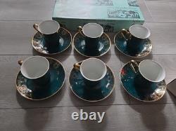 JSK Vintage Emerald Green With Gold Patterns 6 Saucers And Cups Made In Czech