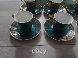 JSK Vintage Emerald Green With Gold Patterns 6 Saucers And Cups Made In Czech