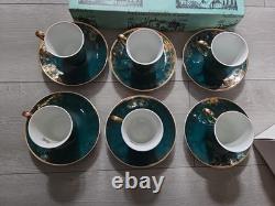 JSK Vintage Emerald Green With Gold Patterns 6 Saucers And Cups Made In Czech