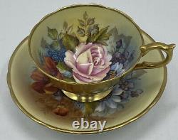 J A Bailey Signed Aynsley England Bone China Cabbage Rose Gold Tea Cup & Saucer