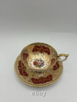J. E. Bailey Aynsley England Bone China Cabbage Rose Red Tea Cup and Saucer Set
