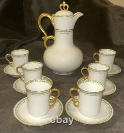 J Pouyat Limoges Chocolate Pot & 6 Demitasse Cups Saucers Gold Green Leaf POY48