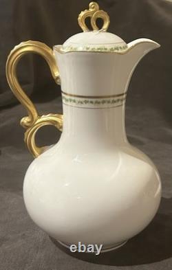 J Pouyat Limoges Chocolate Pot & 6 Demitasse Cups Saucers Gold Green Leaf POY48