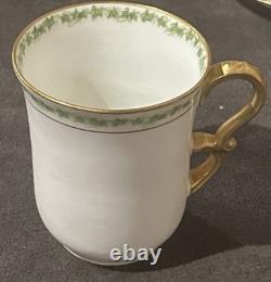J Pouyat Limoges Chocolate Pot & 6 Demitasse Cups Saucers Gold Green Leaf POY48