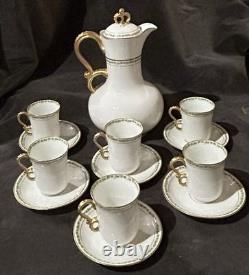 J Pouyat Limoges Chocolate Pot & 6 Demitasse Cups Saucers Gold Green Leaf POY48