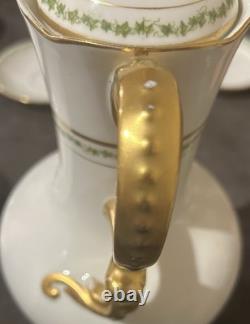 J Pouyat Limoges Chocolate Pot & 6 Demitasse Cups Saucers Gold Green Leaf POY48