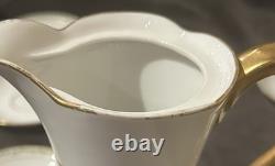 J Pouyat Limoges Chocolate Pot & 6 Demitasse Cups Saucers Gold Green Leaf POY48