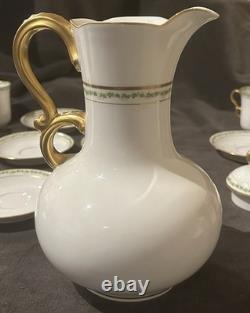 J Pouyat Limoges Chocolate Pot & 6 Demitasse Cups Saucers Gold Green Leaf POY48