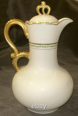J Pouyat Limoges Chocolate Pot & 6 Demitasse Cups Saucers Gold Green Leaf POY48