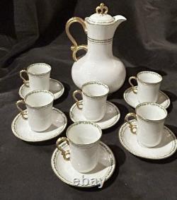 J Pouyat Limoges Chocolate Pot & 6 Demitasse Cups Saucers Gold Green Leaf POY48
