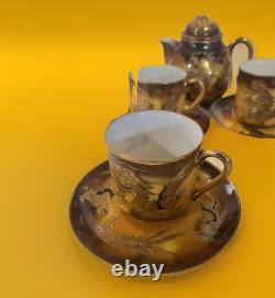 Japanese Dragon Ware Teapot + 4 cups and saucers Moriage Gold Hand Painted