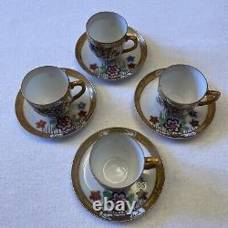 Japanese Export Porcelain China 4 Cups and Saucers. Floral /Gold Ribbon Rim