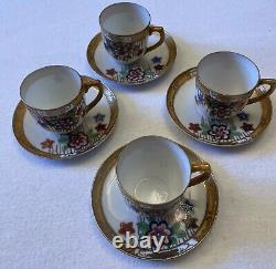 Japanese Export Porcelain China 4 Cups and Saucers. Floral /Gold Ribbon Rim